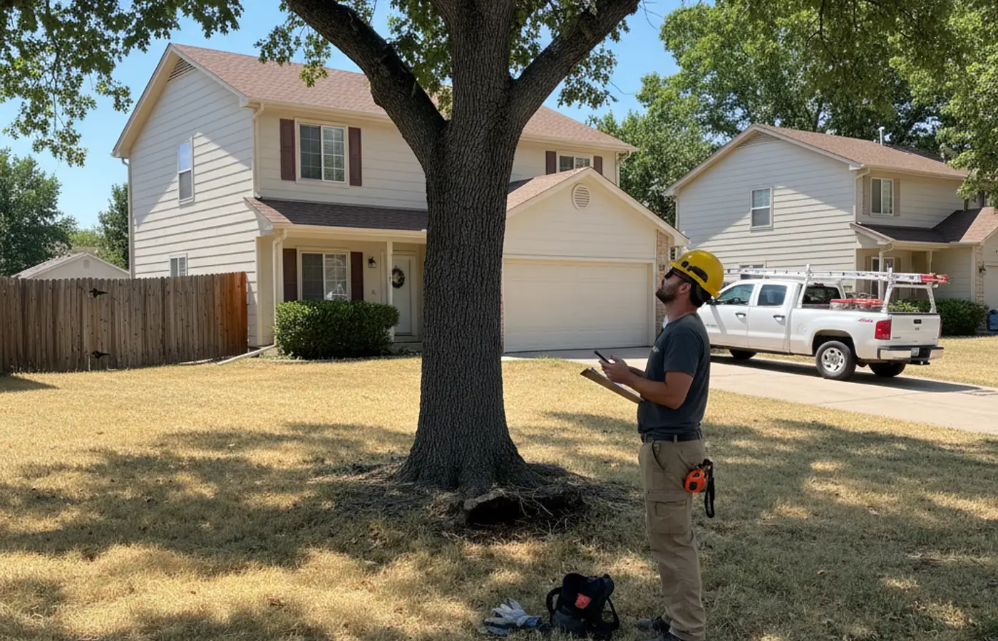 Arborist inspecting a front yard tree in a Colorado Springs residential neighborhood