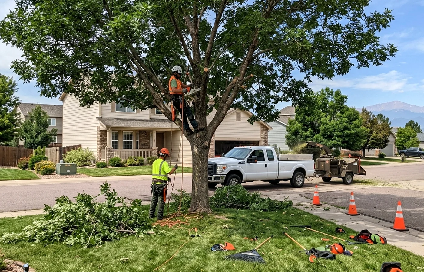 broken limb removal in Colorado Springs with residential tree care work visible