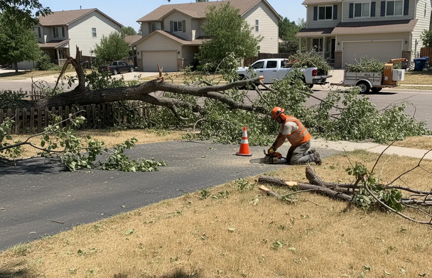 Emergency tree service crew cleaning up a broken limb in a Colorado Springs residential neighborhood