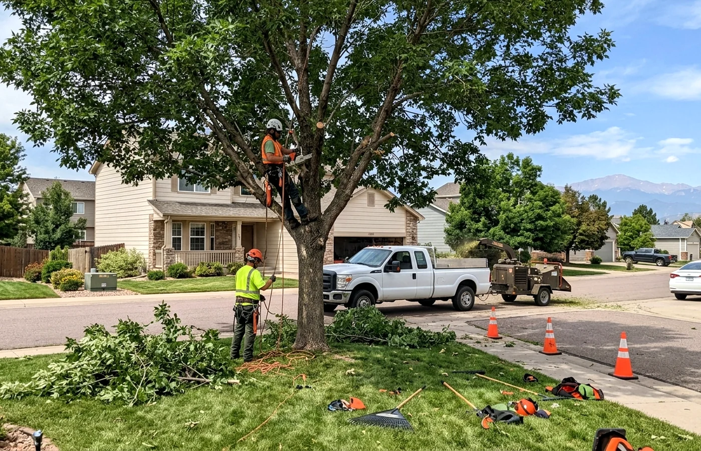fallen tree removal in Colorado Springs with residential tree care work visible