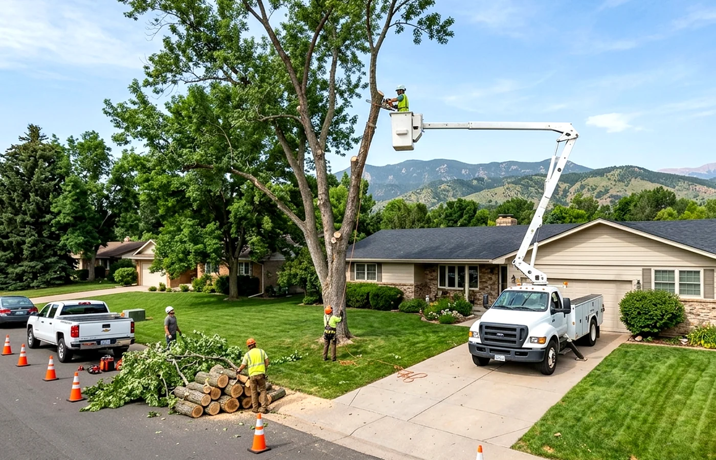 A large hazardous tree leaning precariously close to a residential roof in Colorado Springs.