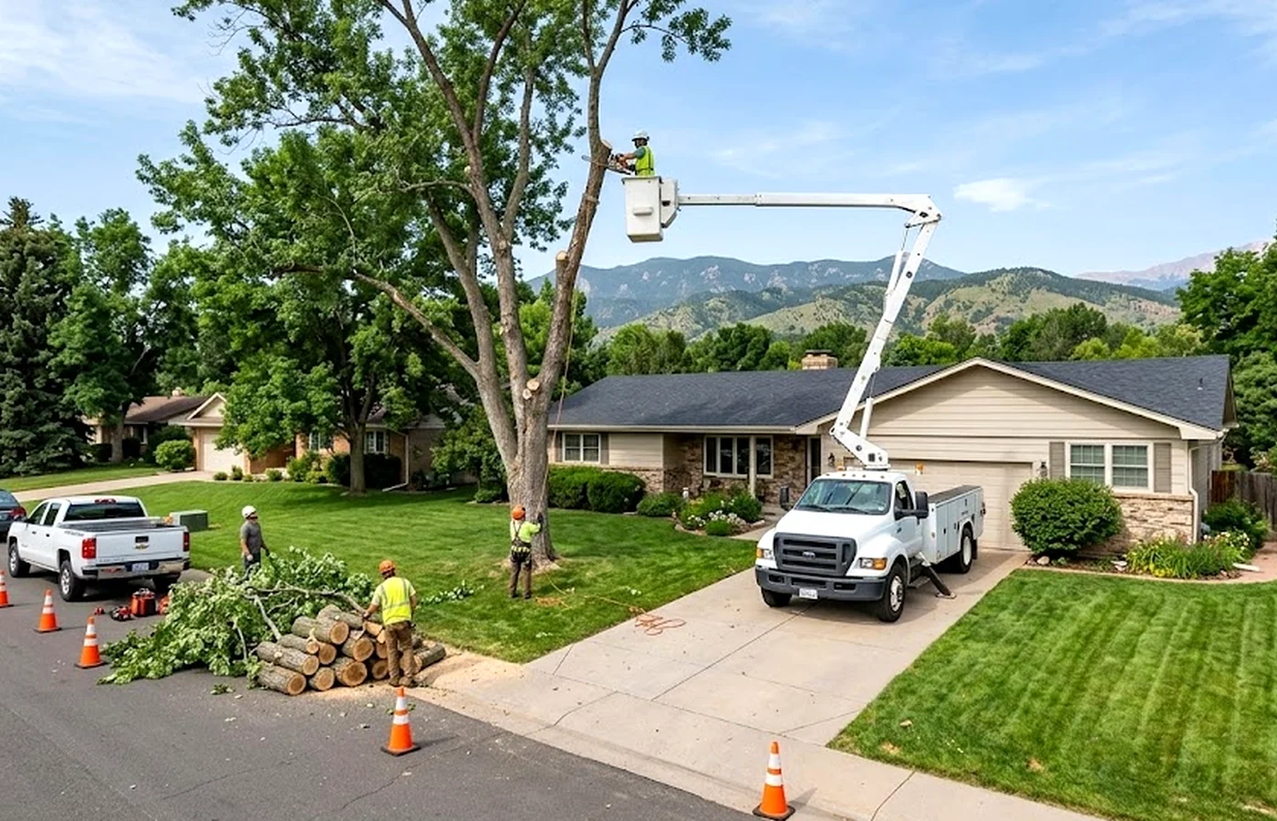large tree removal in Colorado Springs with residential tree care work visible