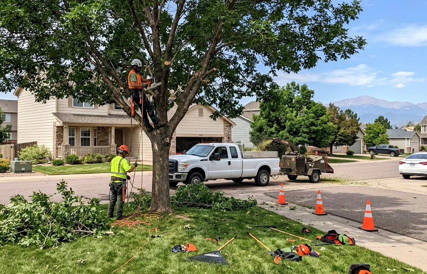 snow load limb damage in Colorado Springs with residential tree care work visible