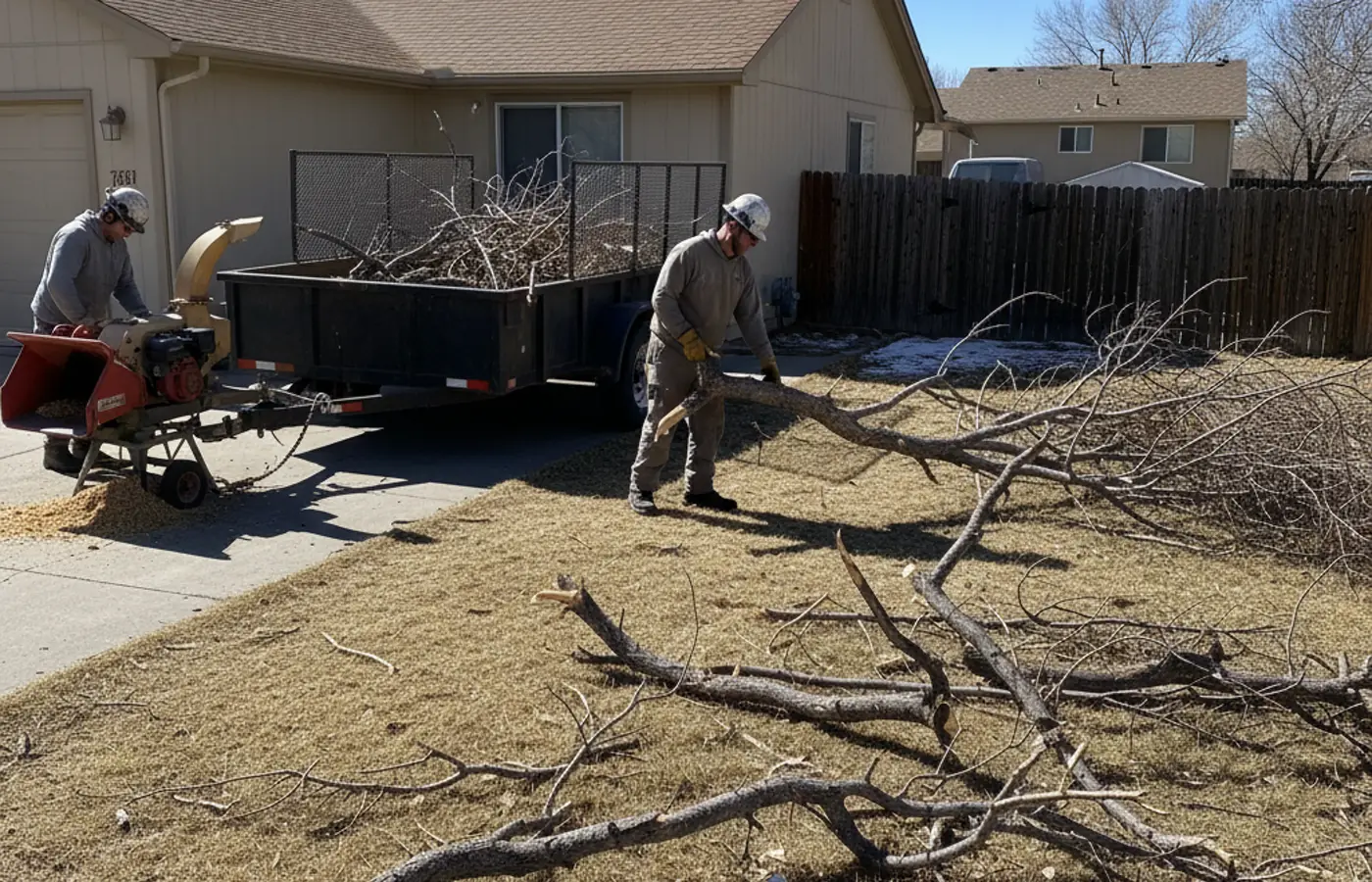 Storm damage tree cleanup crew hauling branches from a Colorado Springs yard