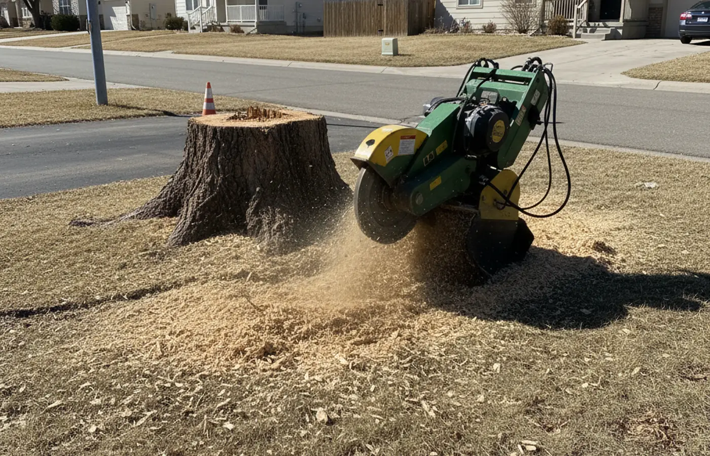 Stump grinding machine clearing a stump in a Colorado Springs front yard near a driveway