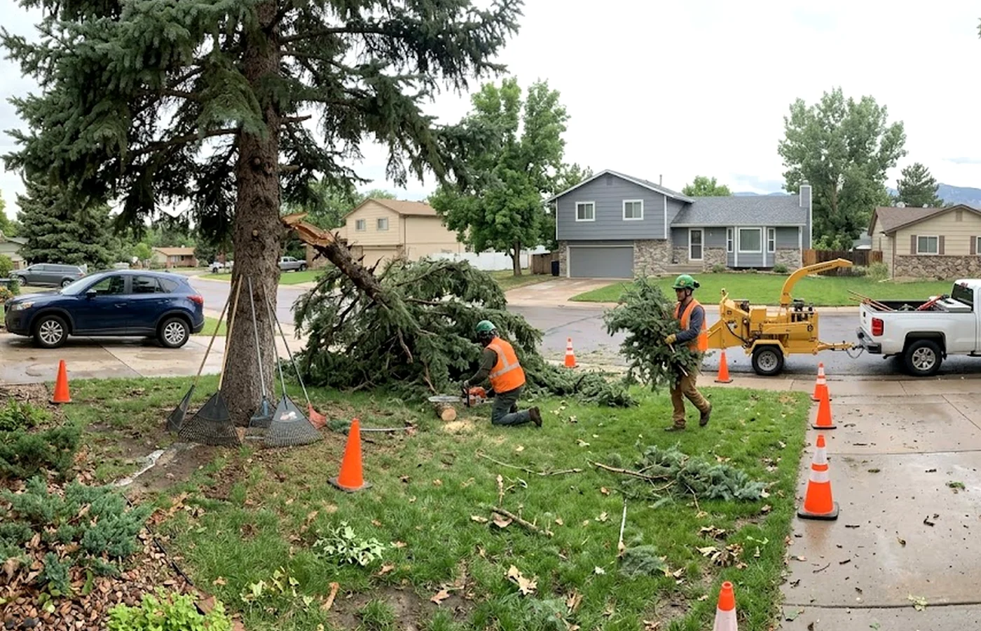 tree debris cleanup near a residential driveway in Colorado Springs