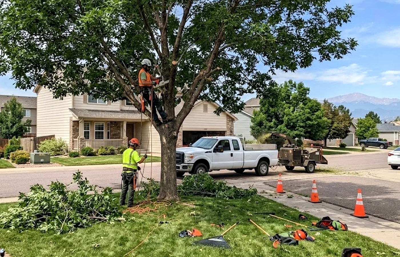 tree pruning in Colorado Springs with residential tree care work visible