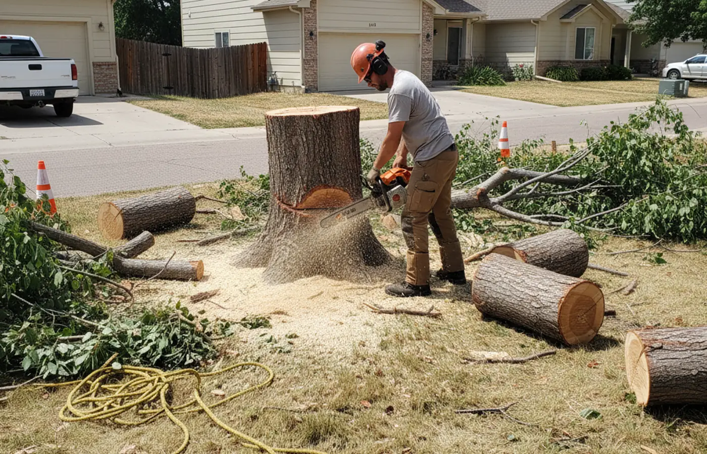 Tree removal crew cutting down a tree and removing a large trunk section in a Colorado Springs residential yard