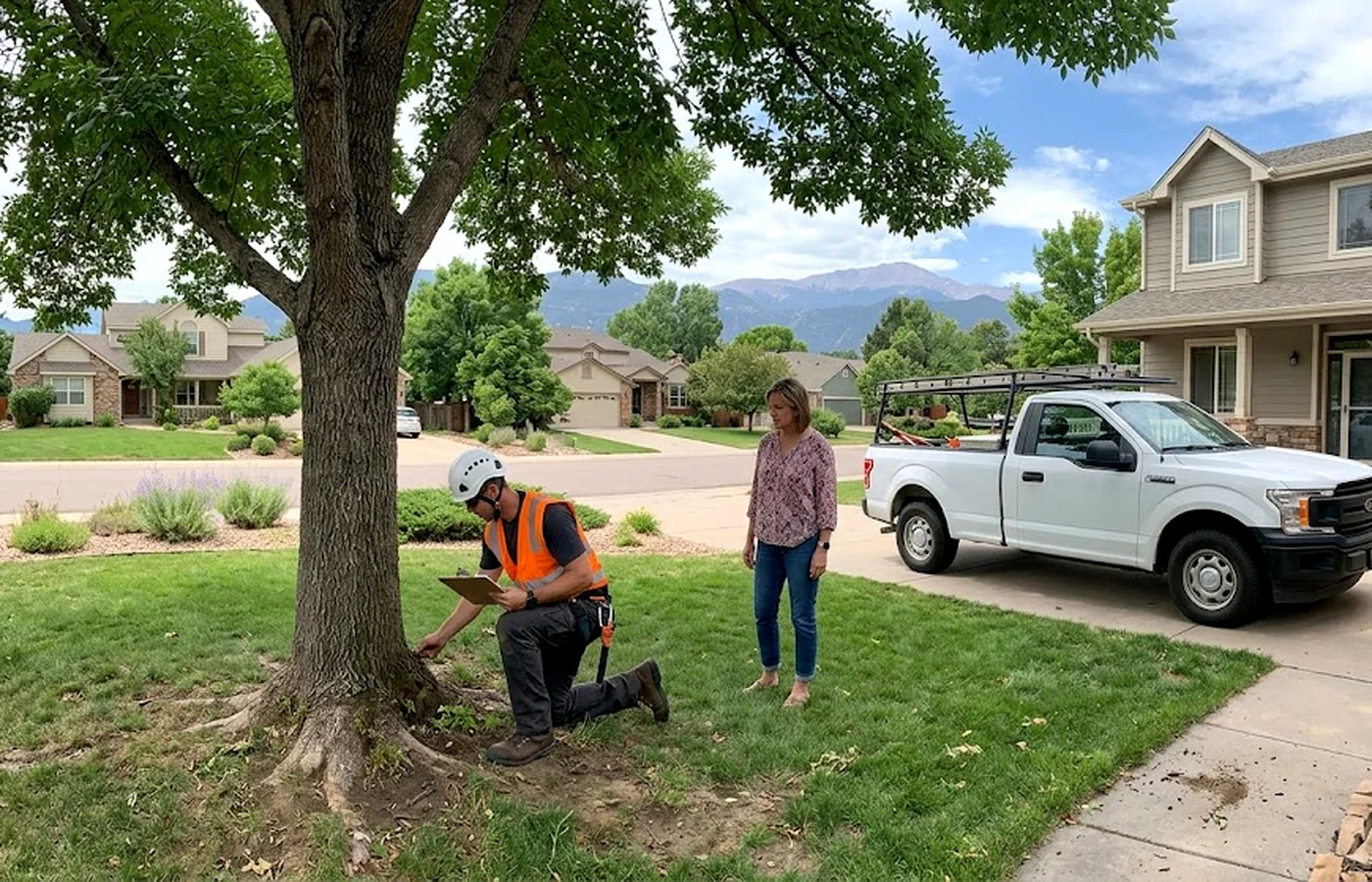 tree risk assessment in Colorado Springs with residential tree care work visible