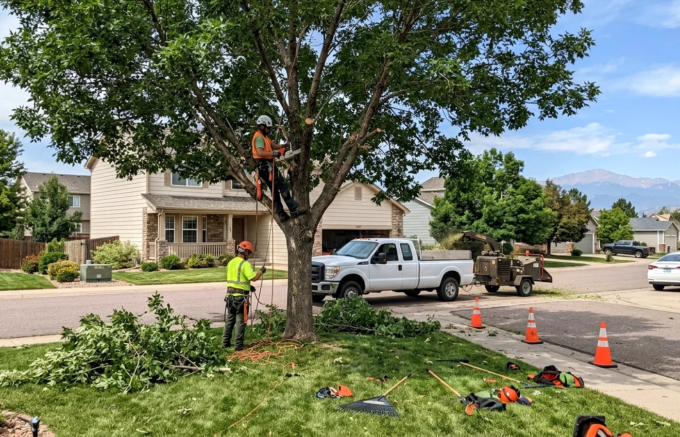 tree trimming near roofs in Colorado Springs with residential tree care work visible