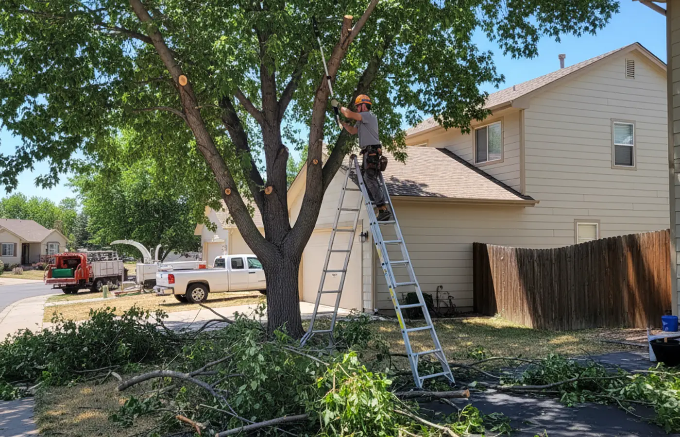 Colorado Springs tree trimming crew working in a residential yard